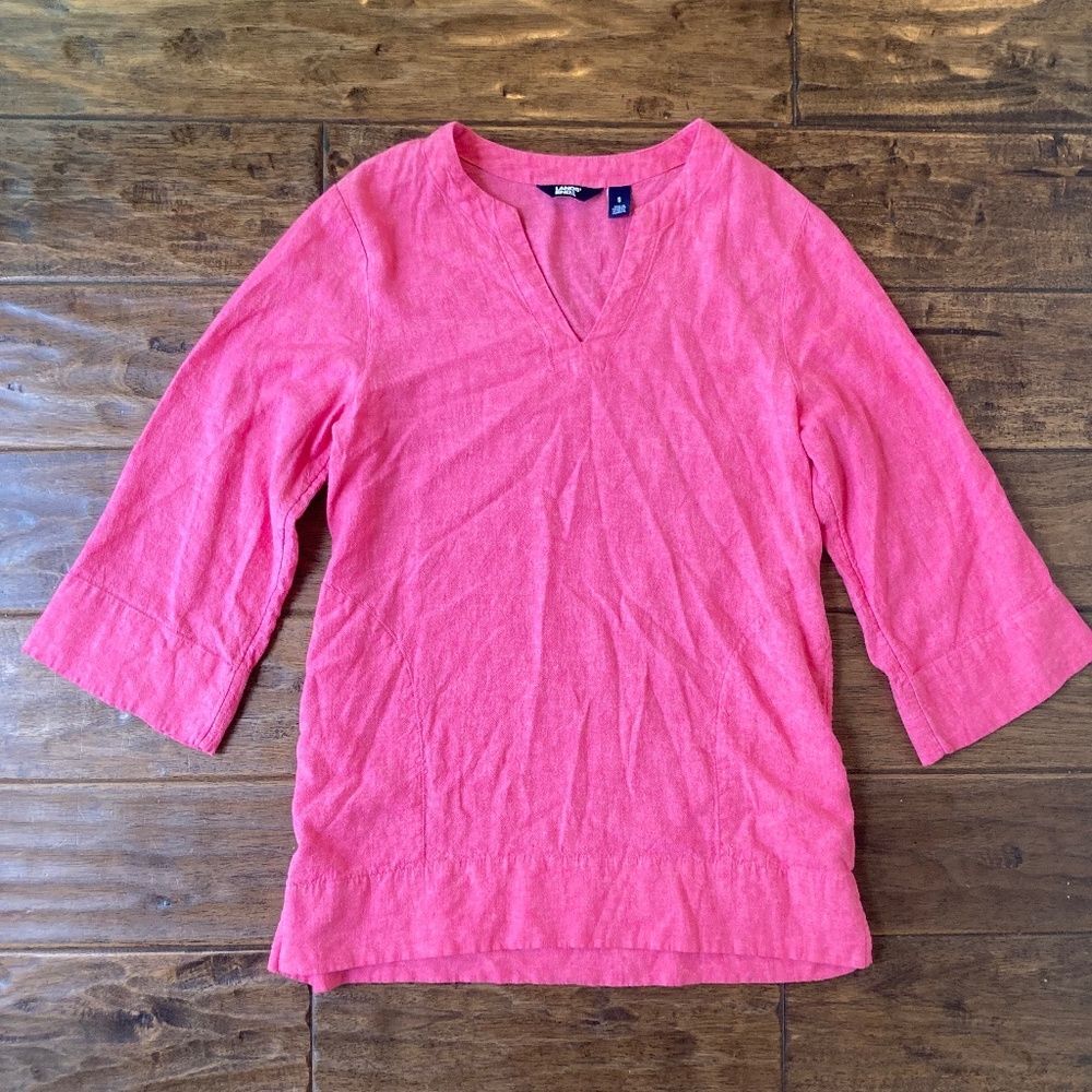 Lands' End Womens Small Pink Linen Blend V Neck 3/4 Sleeve Popover Tunic Top